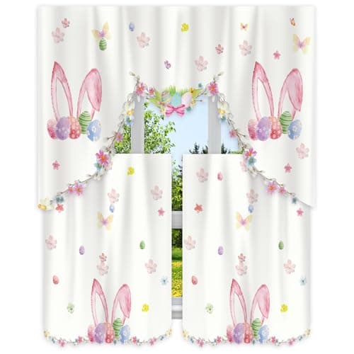 FuWeave Easter Kitchen Curtains 3 Piece Set Spring Window Curtains Set Bunny Swag and Tiers Rabbit Valance Printing Rod Pocket Farmhouse for Easter Kitchen 58 x 34'' Valance 29 x 34'' Tier(White)