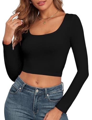 Women's Square Neck Long Sleeve Ribbed Slim Fitted Casual Basic Crop Top (Black, Medium)
