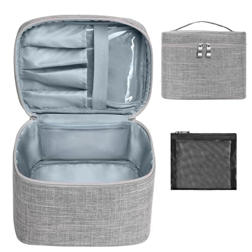 Large Makeup Bag Travel Makeup Cosmetic Bag Case Organizer Makeup Pouch with Mesh Bag Makeup Brush Holder Bag Toiletry Bags for Women - Grey