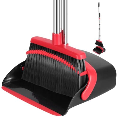 NACENA Broom and Dustpan Set, 52-in Long Adjustable Handle Broom Dustpan Combo with Dustpan Teeth to Automatically Clean Hair Suitable for Home Kitchen Office Hall Floor（Black&Red）