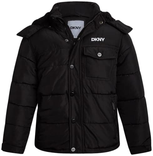 DKNY Boys Puffer Jacket - Wind Water Resistant Polar Fleece Lined Boys Winter Coat - Cozy Kids Jacket with Sherpa Lined Hood, Size 7, Black