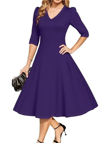 MAKABO Vintage Cocktail Purple Dress for Women 2026, V Neck Cocktail Church Semi Formal Dress Flared for Funeral Tea Party Outfit, L