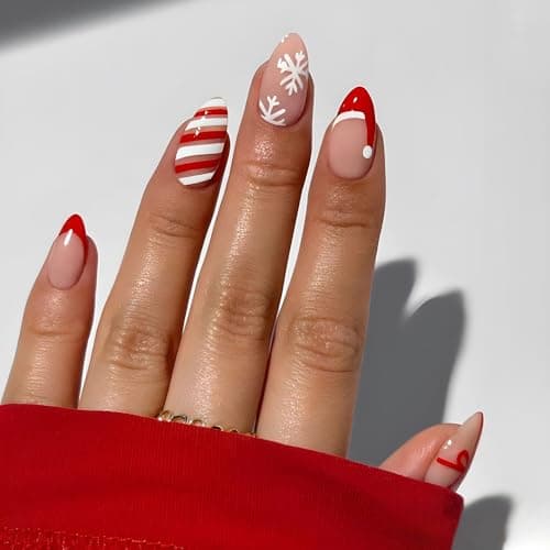 Christmas Press on Nails Short Almond Fake Nails, Red French Tip Press on Nails White Snowflake Designs Christmas Glue on Nails Full Cover False Nails Christmas Acrylic Nails for Women Girls 24Pcs