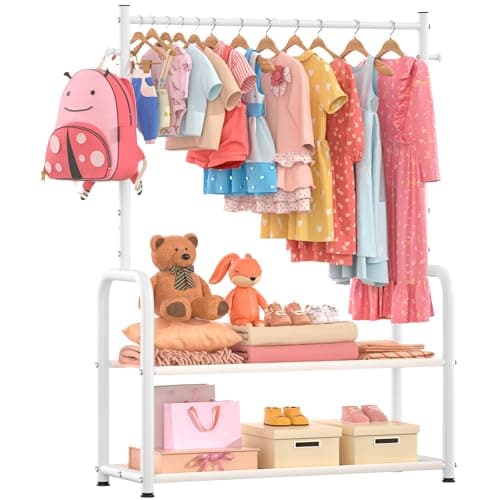 ZHKINGGS Kids Clothing Rack with 2-Layer Storage Shelf and 2 Adjustable Hanging Rods, Kids Dress Up Rack Storage for Hanging Clothes,Dress up Storage for Baby Toddle Kids(Classic, White)