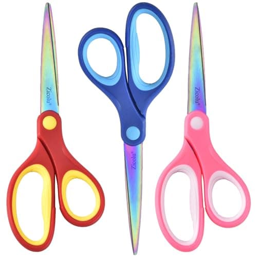 Zicolu 7" Student Scissors for Middle High School Crafting, Sharp Titanium Coating Blades with Pointed Tip, Comfort Right/Left-handed, Big Kids Scissors Ages 8-10/8-12, Assorted Color, 3 Pack