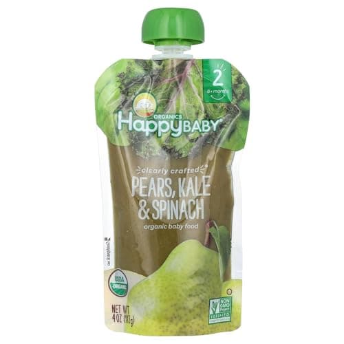 Happy Baby Organics Stage 2 Baby Food Pouches, Gluten Free, Vegan & Healthy Snack, Clearly Crafted Fruit & Veggie Puree, Pears, Kale & Spinach, 4 Ounces (Pack of 1)