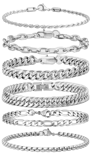 XIANNVXI 6 Pcs Silver Bracelets for Men Women Stainless Steel Bracelet Cuban Chain Metal Link Rope Bracelet Set 7.5 Inches Men Fashion Accessories Jewelry Set