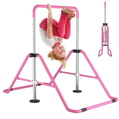 WATBKHE Gymnastics Bar for Kids Age 3-7 Years Old, Gymnastic Equipment for Kids Home, Adjustable & Folding Gymnastic Training Bar for Hanging, Pull Up, Tumbling Workout for Girls Boys (Pink)