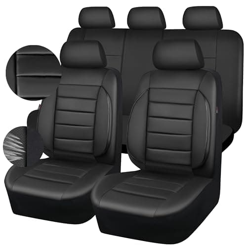 CAR PASS Leather Seat Covers Full Set Universal Water Resistant 3D Foam Back Support, Luxury Comfort Automotive 5 Seat Covers All Season Fit for SUV,Sedan,Van, Airbag Compatible Elegance(Pure Black)