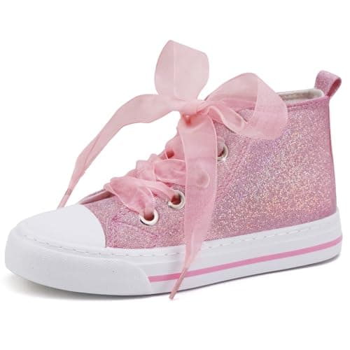 Toandon Toddler Girls Kids Sneakers Glitter Canvas Walking Shoes Sparkly High Top Child Lace Up Ribbon Lightweight flexiable Breathable School Party Non Slip Pink Size 13