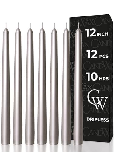 CANDWAX 12 Inch Silver Taper Candles Set of 12 - Unscented Long Burning Dripless Candles - Odorless Silver Candlesticks for Special Events, Wedding, Home Décor, Christmas Decorations