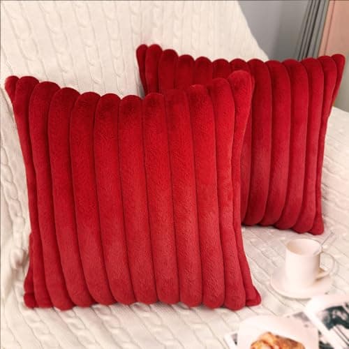 Bunliuys 2 Pack Pillow Covers, 20x20 Faux Fur Square Throw Pillow Covers for Living Room Decorations Throw Pillow Case, Throw Pillow Cover Cushion Cover for Home Sofa Bedroom Car, Red