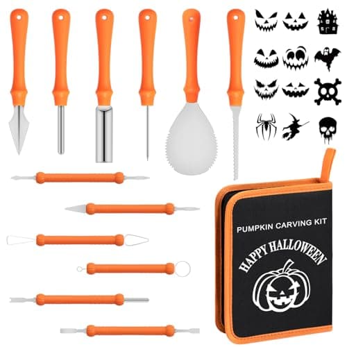 inin 12PCS Halloween Pumpkin Carving Kit with 12 Stencils & Hand Bag,Stainless Steel Pumpkin Carving Tools,Professional Pumpkin Decorating Set,Halloween Decorations for Kids & Adluts.