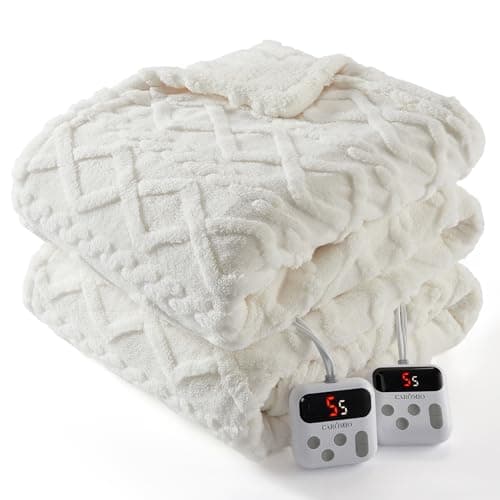 CAROMIO Electric Blanket King Size Dual Control - Thick Tufted Sherpa Heated Blanket King with 10 Heating Levels and 10 Time Settings, ETL Certified Fast Heating Blanket King Size 90"×100", White