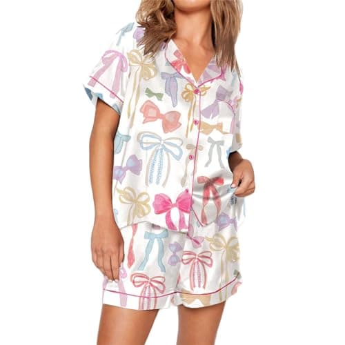 Women Cute Two Piece Pajama Set Y2K Bow Printed Satin Silky Short Sleeve Button Shirts Wide Leg Shorts Pjs Loungewear (A White + Colorful Bow, M)