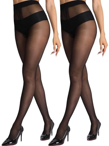 HONENNA Sheer Black Tights for Women 2 Pairs Ultra Thin Reinforced T Crotch Control Top Pantyhose Stockings