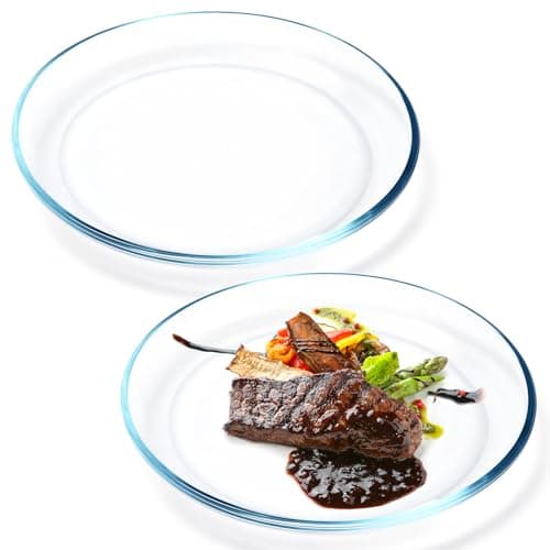 NUTRIUPS 2 Pack 10 inch Glass Plates - with Lipped Edge - Clear Tempered Glass Dinner Plates, Glass Serving Dinnerware for Pasta, Salad, Dishwasher and Microwave Safe