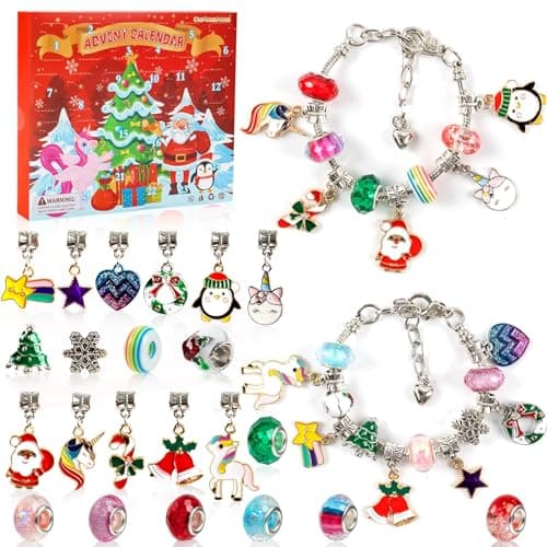 OuMuaMua Christmas Advent Calendar Charm Bracelets 2025 for Girls Kids, 24 Days Christmas Unicorn Countdown Calendar with 2pcs DIY Charm Bracelets Kit for Girls Kids Teens Adult Women