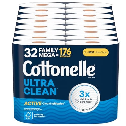 Cottonelle Ultra Clean Toilet Paper with Active CleaningRipples Texture, 32 Family Mega Rolls (32 Family Mega Rolls = 176 Regular Rolls) (8 Packs of 4), 353 Sheets Per Roll, Packaging May Vary