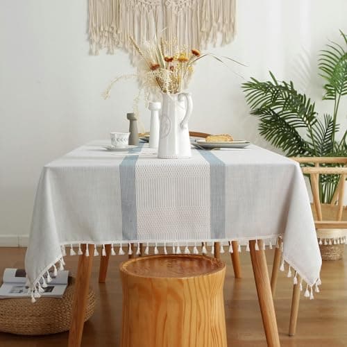 Homxi Square Tablecloths Cloth 43 W x 43 L,Tableclothes for Party Grey Blue Stripes with Tassels Polyester Indoor Outdoor Tablecloth