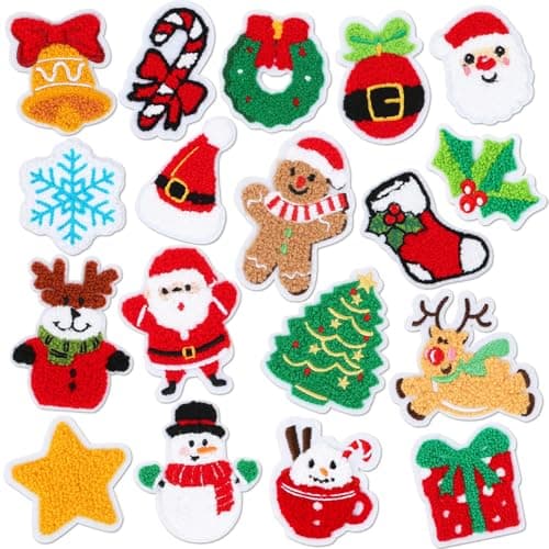 AUGSUN 18pcs Self Adhesive Christmas Patches Xmas Embroidered Sew Applique Repair Patch Sweater Stocking DIY Crafts for Clothing Jacket Jeans Pants Dress Backpack Hat Decorations