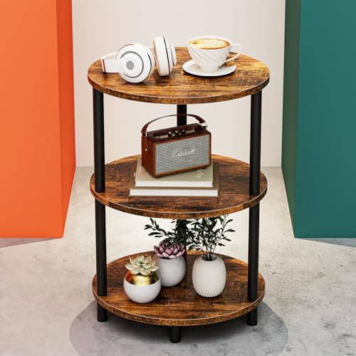 RISWER Small Round Side Table - 3-Tier Oval Accent Table for Small Spaces, Rustic Wood and Metal Couch End Table, Nightstand for Bedroom or End Table Living Room, Easy to Assemble, Rustic Brown