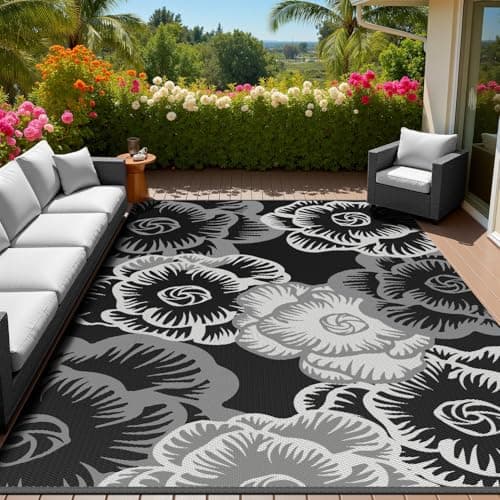 MontVoo Outdoor Rug-Waterproof Patio Rug Mat 5x8 ft Outdoor Carpet Mat Reversible Plastic Straw Outside Outdoor Rug for RV Camping Picnic Beach Balcony Backyard Pool Deck Porch Farmhouse Floral Black