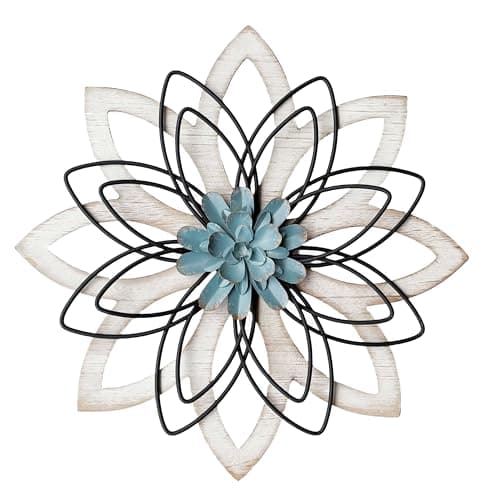 Remenna Metal Flowers Wall Decor, Metal Rustic Wall Art Decoration Farmhouse Wall Decorations Multiple Floral Hanging Decor for Bathroom Living Room Home Office Garden Kitchen (white & blue)