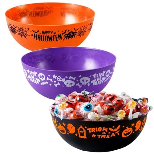JOYIN 3 PCS Halloween Candy Bowls, 9.6" * 4.4" Trick or Treat Bowls, Plastic Orange Halloween Serving Dish, Purple Witch Cup, Black Pumpkin Candy Holder for Kids Party Favor Supplies, Table Decor