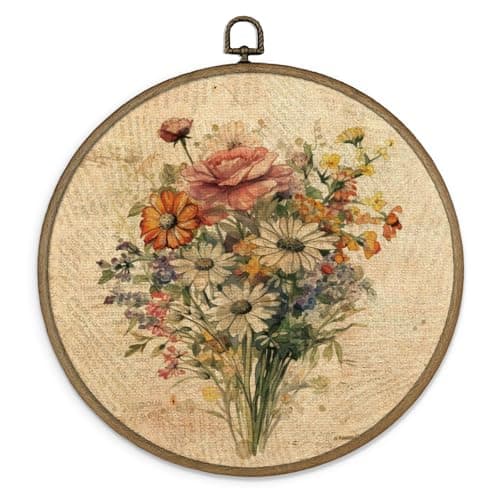 MAQIKA Vintage Floral Framed Wall Art Decor, Botanical Floral Wall Art, Farmhouse Flower Round Wall Hanging Decor,Boho Floral Flowers Canvas Prints Wall Art for Living Room Bedroom Kitchen,10x10 Inch