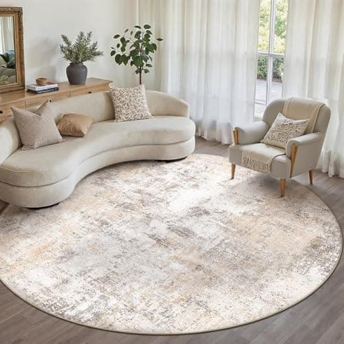 WondRg 8x8 Washable Round Rug Beige Grey Abstract Living Room Bedroom Area Rug Neutral Modern Non Slip Soft Low Pile Indoor Carpet for Dining Room Office Entryway