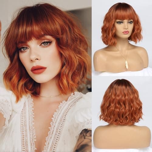 EssionTech Short Copper Red Wigs for Women Fox Red Wig Ombre Red Dark Root Culy Bob Wigs with Bangs Ginger Hair Wig Wavy Synthetic Wigs(14Inches)