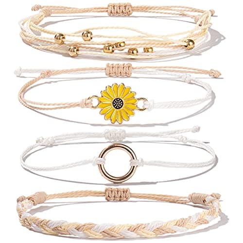 FANCY SHINY Sunflower String Bracelet Handmade Braided Rope Charms Boho Surfer Bracelet for Women(Wheat)