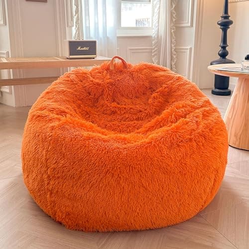 XeGe Faux Fur Comfy Bean Bag Cover (No Filler), Fluffy Stuffed Animal Storage Bean Bag Chair Cover for Bedroom Home Decor, Furry Fuzzy Big Gaming Bean Bag Cover for Adults Kids, Anti-Slip, Orange