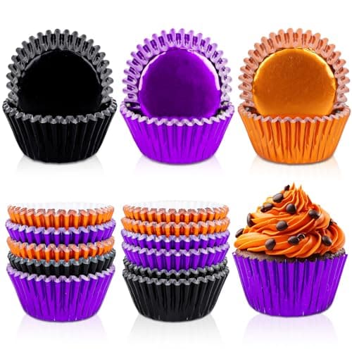 Whaline 150Pcs Halloween Foil Cupcake Liners Black Purple Orange Foil Metallic Cupcake Wrappers Muffin Liners for Halloween Party Supplies Table Decor