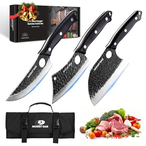 Mossy Oak Butcher Knife Set, 3PCS Hand Forged Chef Knives with Oxford Roll Bag, Meat Cleavers Full Tang Handle for Cutting, Boning and Chopping, Kitchen Knives for Outdoor Cooking, Camping
