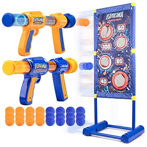 USA Toyz Astroshot Gemini Extreme Shooting Game for Kids 2 Pack Foam Ball Popper Air Guns and Moving Target Shooting Game Toy for Boys Girls 2 Guns 30 Balls Outdoor Compatible with Nerf Blue/Orange