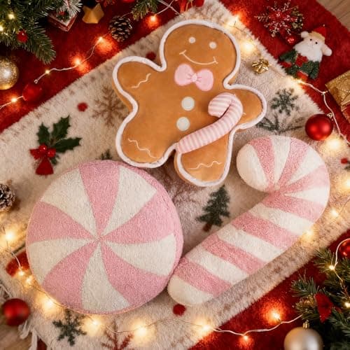 Christmas Gingerbread Man Candy Pillows - 3 Pcs Large Plush Pink Gingerbread Man White Peppermint Cane Shaped Throw Pillows Decorations for House Couch Bedroom, Cute Stuffed Pillow for Holiday Decor
