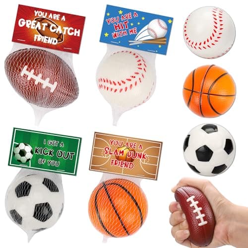 16 PCS Stress Balls Foam Bouncy Balls Valentines Day Cards for Kids Pinata Filler Goodie Bag Stuffers Gifts Basketball Football Party Favor for 4-8 8-12 Treasure Box Toddler Bulk Toys Classroom Prizes