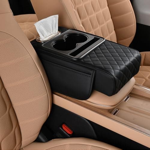 Coficoi Car Armrest Cushion,5-in-1 Center Console Cover with 2 Storage Bags Cup Holder, Tissue Box Slot, Phone Slot for Sedans, Car Accessories Interior Organizers (Black)