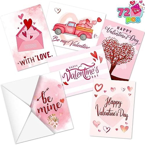 JOYIN Set of 72 Valentine's Day Cards with Envelopes, Pink Greeting Card for Hearts Day, Kids Classroom Exchange, Wedding Cards, Valentines Party Favor, 6 Designs