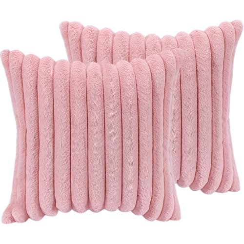 18x18 Throw Pillow Covers Set of 2, Decorative Faux Fur Covers for Bed, Couch Soft Fluffy Pillow Cover with Velvet Back for Living Room, Neutral Home Décor Accent for Sofa - Pink