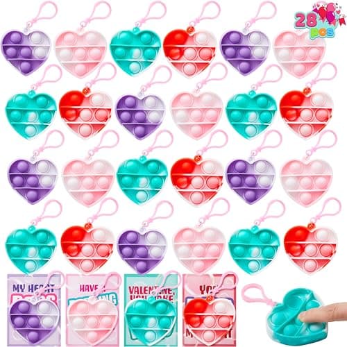 JOYIN 28 Packs Valentines Day Gift Cards with Pop Bubble Fidget Toys Heart Keychain, Stress Relief Fidget Toy for Kids Adult Party Favors, School Classmate Valentines Gifts