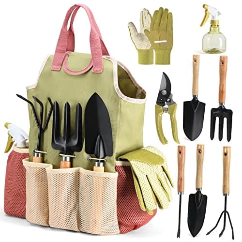 Gardening Tools Set of 10 - Complete Heavy Duty Garden Tools Set with Fashion Handbag - Durable Gardening Supplies Kit Ideal Garden Gifts for Women