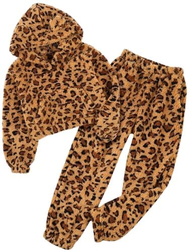AlisOker 2 Piece Girls Fuzzy Bear Ear Hoodie Sweatshirt and Sweatpant Warm Long Sleeve Fluffy Sweatsuit Kids Clothing Sets Brown Leopard