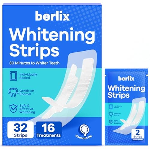 Berlix Teeth Whitening Strips (16 Treatments, 32 Count), Enamel Safe for Teeth Whitener, Whitening Strips with Coconut Oil, Formulated to Be Gentle & Non Slip and Quick-Dry, Stains Removal