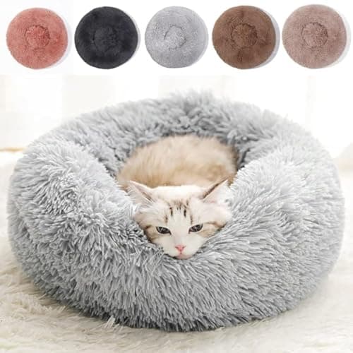 Cat Beds for Indoor Cats - Cat Bed Washable 20/24 inches, Dog Beds for Small Medium Dogs, Anti Anxiety Round Fluffy Plush Faux Fur Pet Bed, Thick Bottom (Light Grey, Medium)