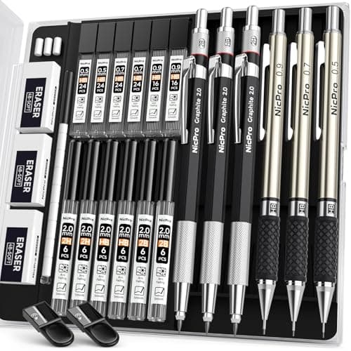 Nicpro 6PCS Art Mechanical Pencil Set, 3PCS Metal Drafting Pencil 0.5 mm & 0.7 mm & 0.9 mm & 3PCS 2mm Graphite Lead Holder (2B HB 2H) For Writing, Sketching Drawing With Lead Refills Case