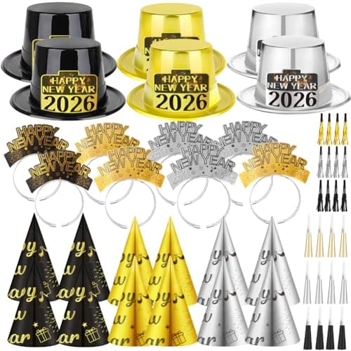 HEYPRIIL Upgraded Happy New Years Eve Party Supplies Hats 2026 for 26 Guests, New Year Decorations Hats Headband Cone Hat Noise Makers Party Favor Tiaras NYE Accessories