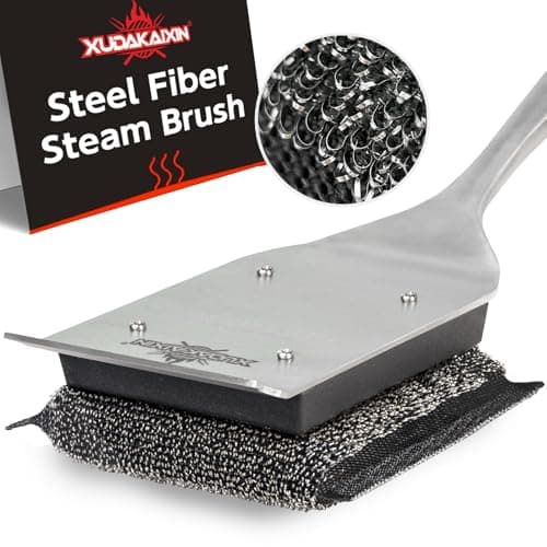 XUDKAKAIXIN Grill Brush Bristle Free,with 1 Replacement Head,Unique Steel Fibers Pad [Safe & Efficient] Perfect for Cast Iron/Stainless-Steel Grates-,Grill Cleaner for Outdoor Gril,Gifts for Men/Dad